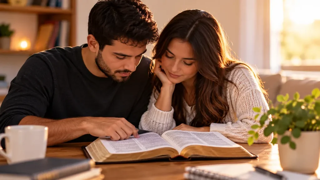 Casal estudando a palavra de Deus